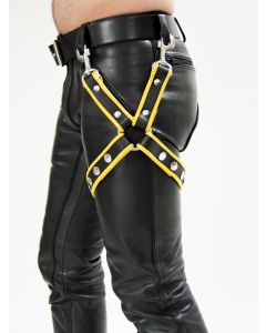 Mister B Leather Leg Harness Black-Yellow - buy online at www.misterb.com